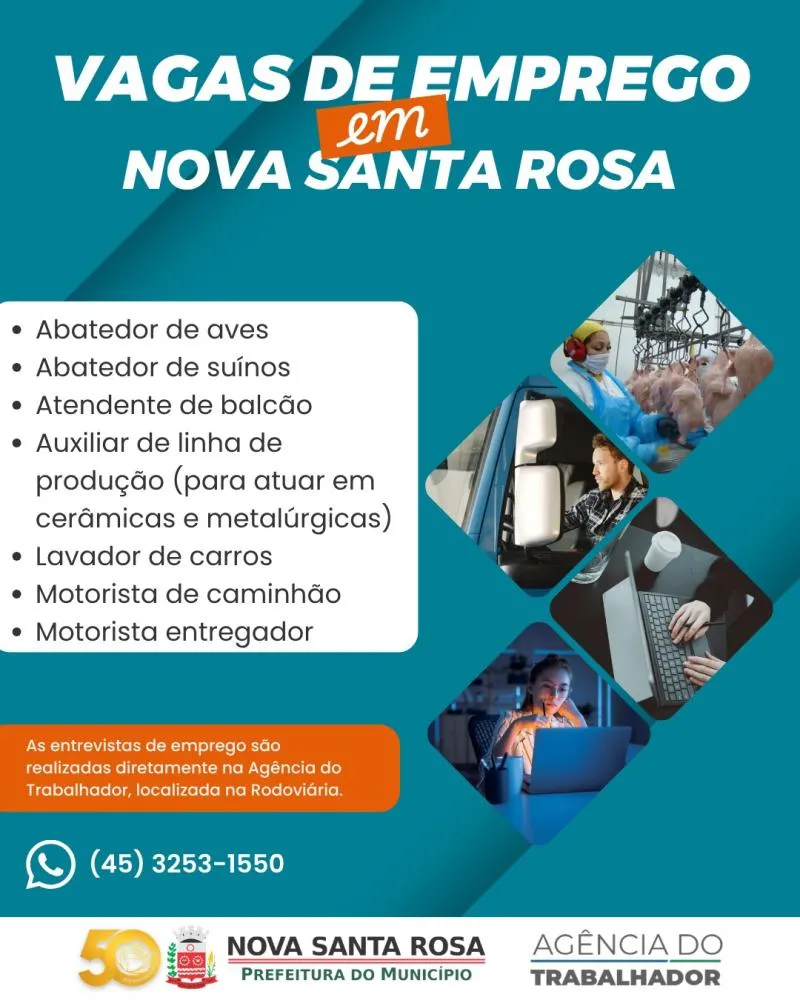 Agência do Trabalhador de Nova Santa Rosa divulga novas vagas de emprego
