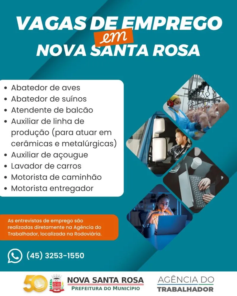 Agência do Trabalhador divulga vagas de emprego para esta terça-feira (13) em Nova Santa Rosa