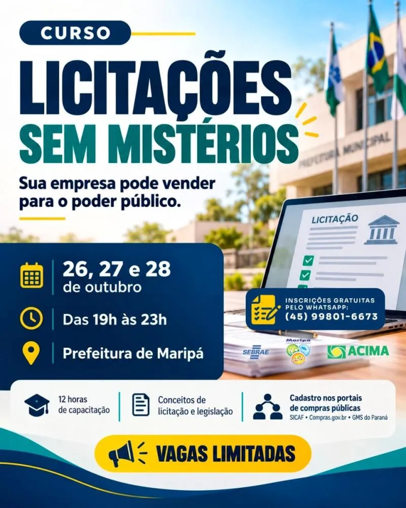 Maripá abre inscrições gratuitas para o curso “Licitações sem Mistérios”
