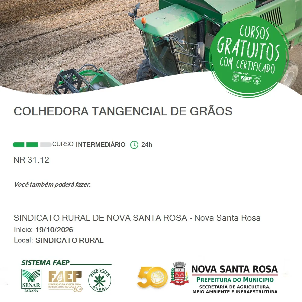 Curso gratuito de operação e manutenção de colhedoras de grãos recebe inscrições até sexta-feira (16) em Nova Santa Rosa