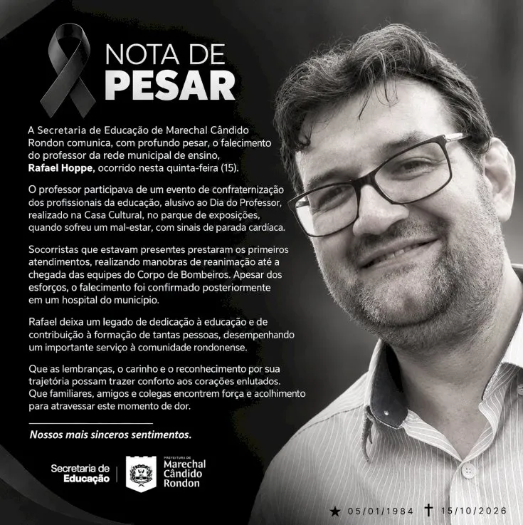 Professor da rede municipal morre após mal-estar em evento em Marechal Rondon