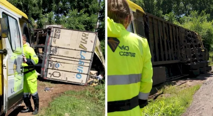 Carreta carregada com maçãs tomba na Curva da Sorasa, em Marechal Rondon
